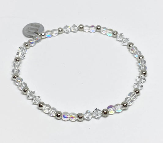 Swarovski Crystal Stretch Bracelet in Clear with AB Finish and Silver Accents
