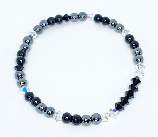 Swarovski Crystal Bracelet in Crystal AB and Jet Black, with hematite and black jasper beads