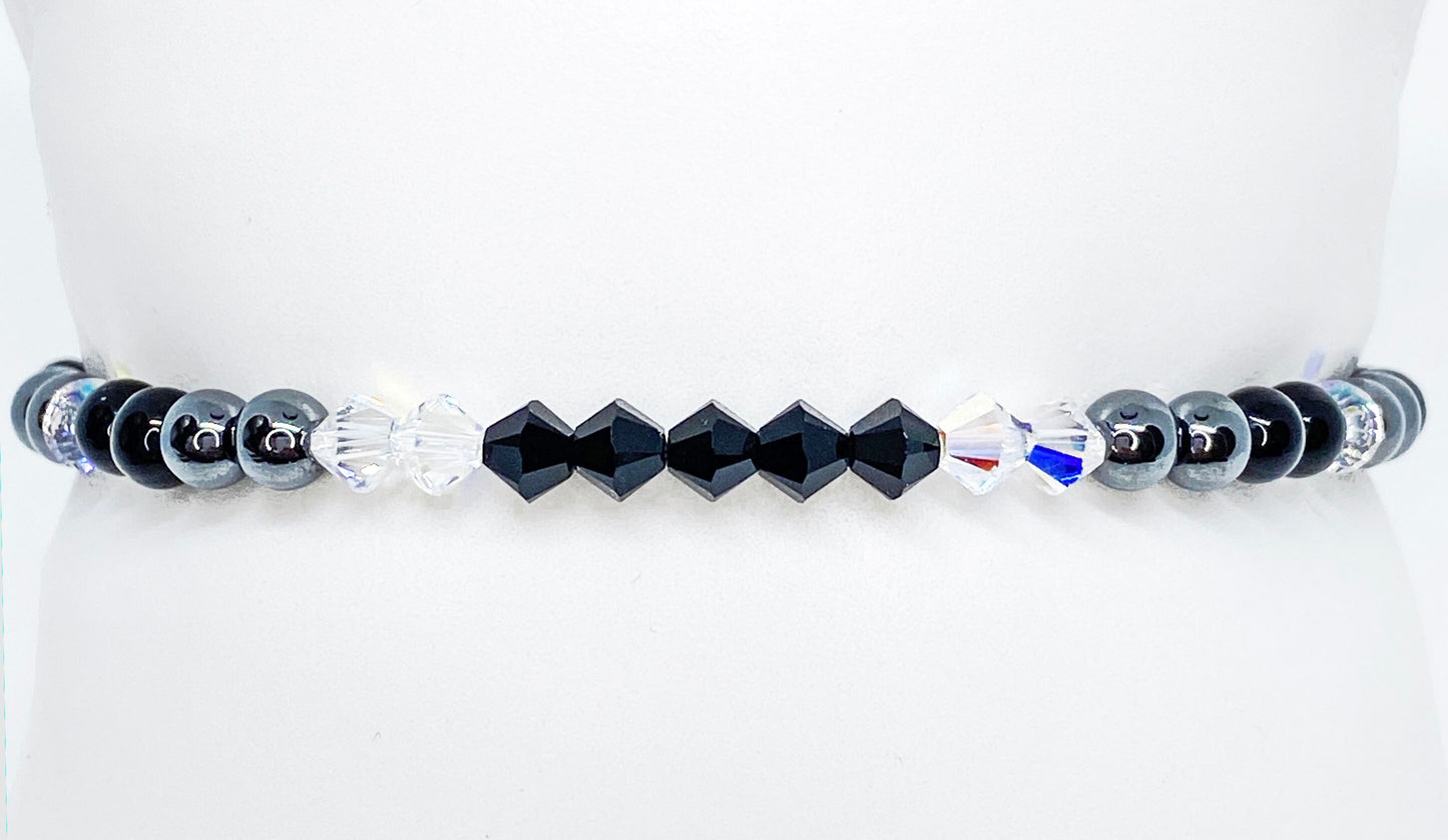 Swarovski Crystal Bracelet in Crystal AB and Jet Black, with hematite and black jasper beads