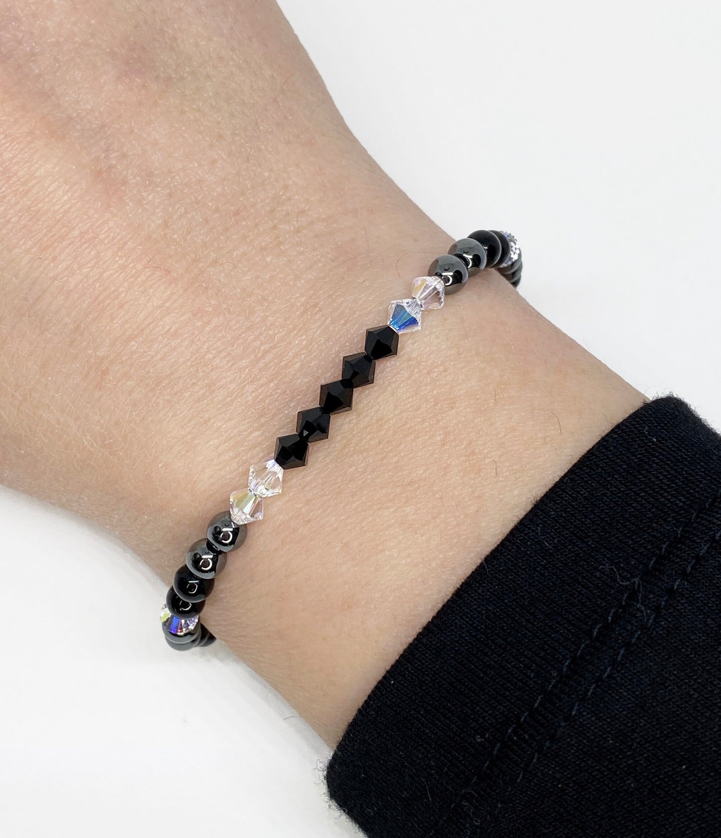 Swarovski Crystal Bracelet in Crystal AB and Jet Black, with hematite and black jasper beads