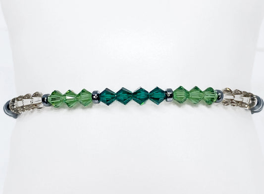 Swarovski Crystal Bicone and Hematite Beaded Stretch Bracelet in Emerald Envy - Emerald, Erinite, and Greige Swarovski Crystals