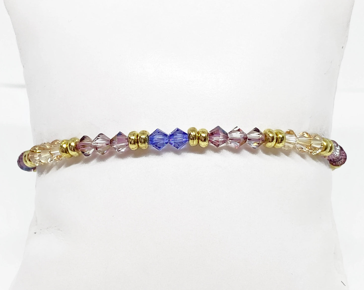 Swarovski Crystal Bicone Stretch Beaded Accent Bracelet in Golden Lilac - with Lilac, Tanzanite, and Golden Shadow Swarovski Crystals