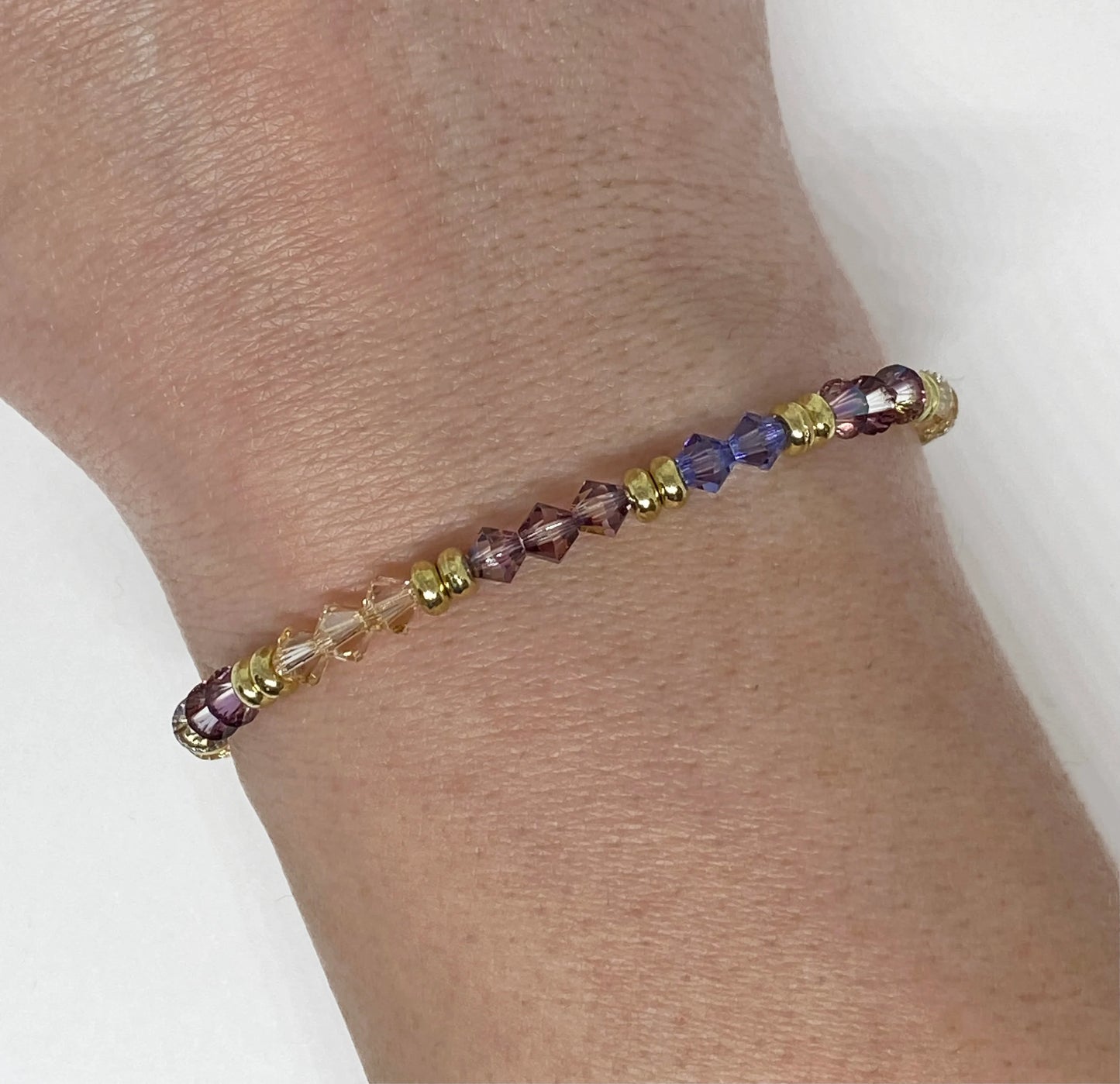 Swarovski Crystal Bicone Stretch Beaded Accent Bracelet in Golden Lilac - with Lilac, Tanzanite, and Golden Shadow Swarovski Crystals