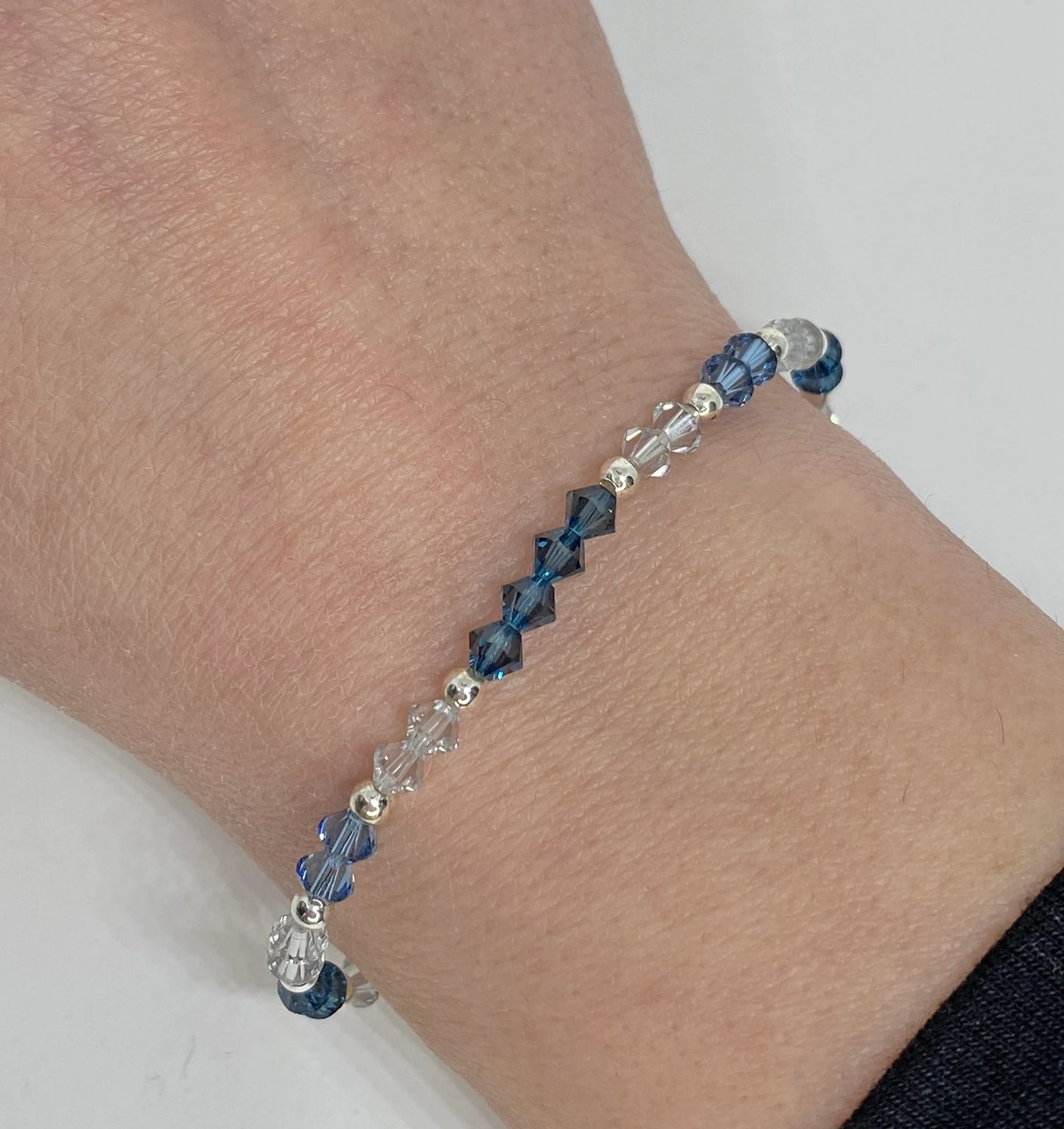 Swarovski Crystal Bicone Beaded Stretch Accent Bracelet in Denim Blue, Montana, and Shadow Crystal