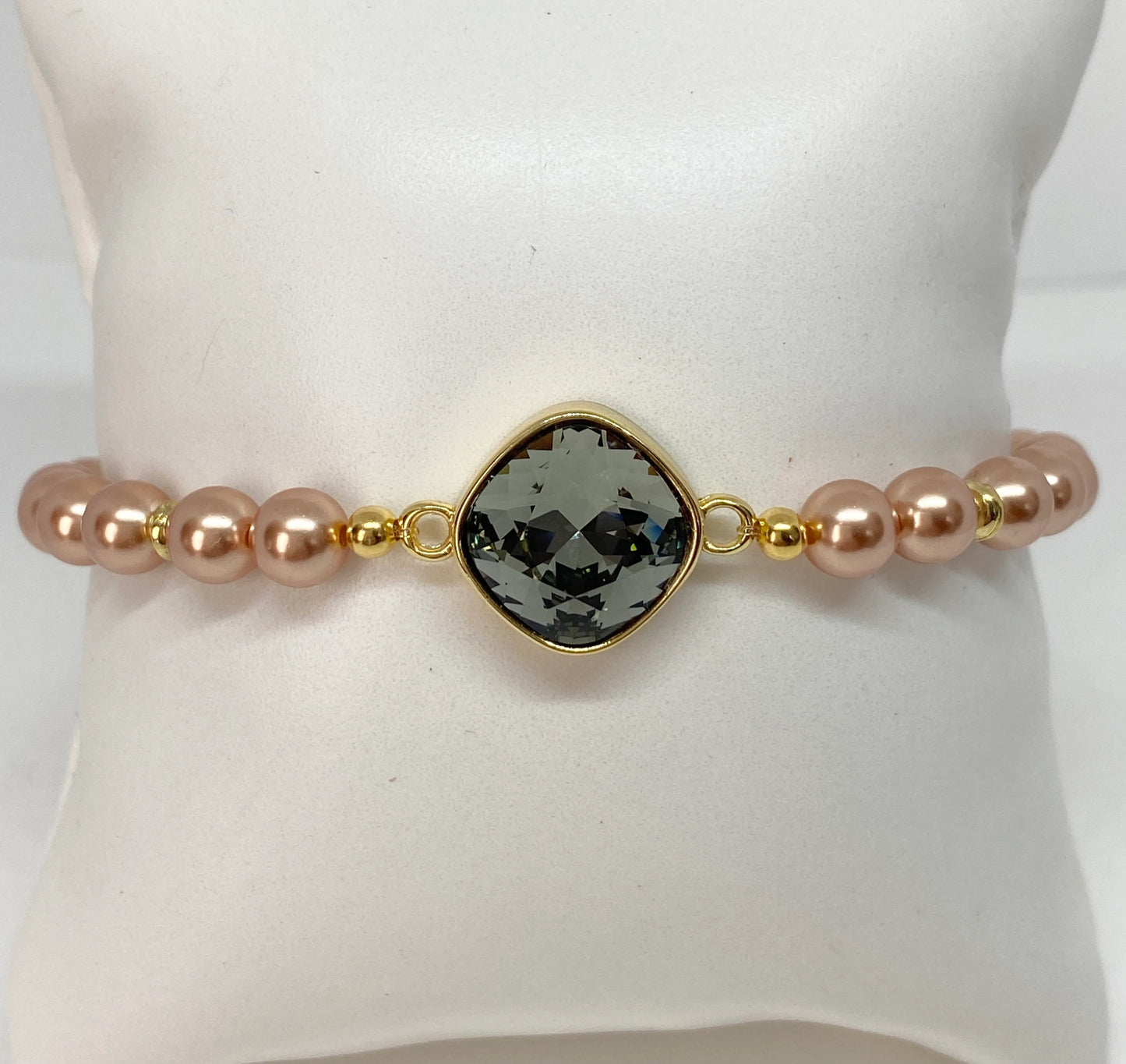 Swarovski Crystal 12mm Cushion Crystal Black Diamond with Rose Gold Swarovski Pearls