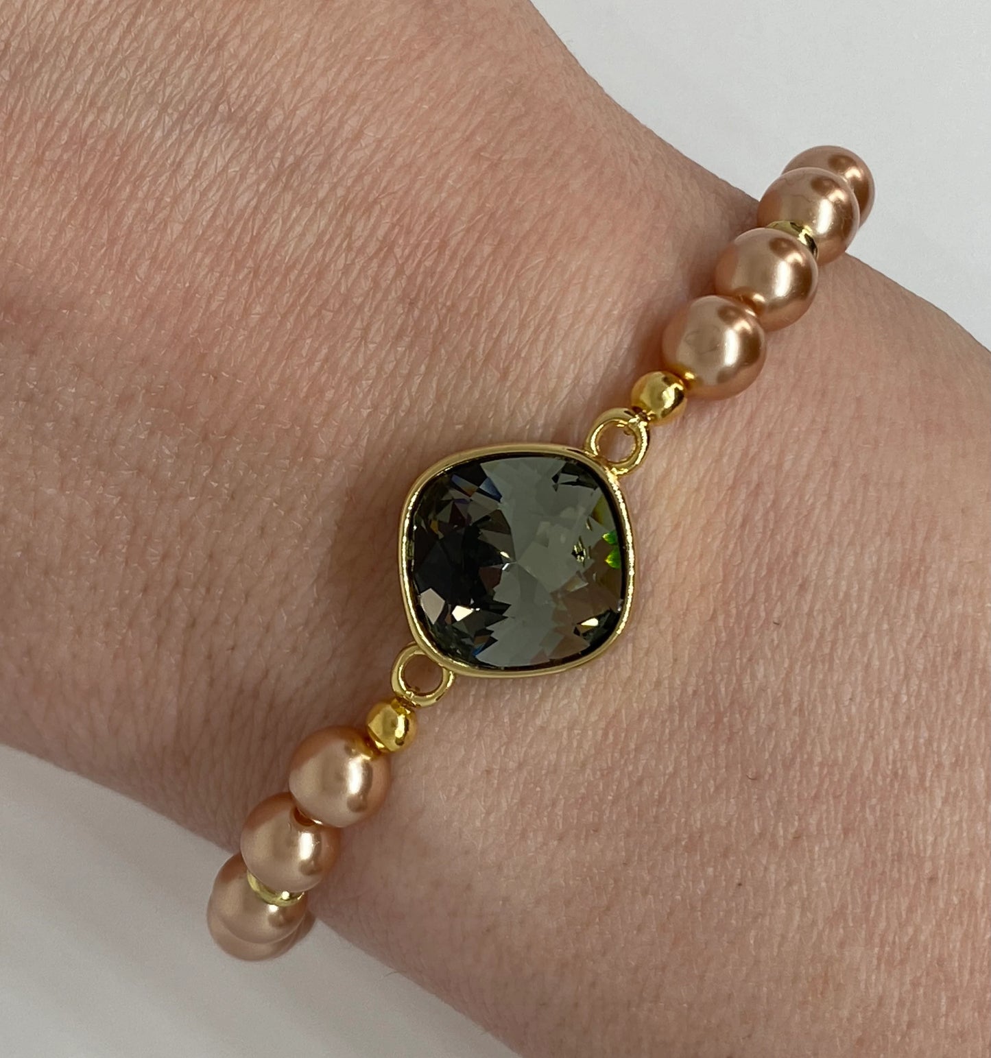 Swarovski Crystal 12mm Cushion Crystal Black Diamond with Rose Gold Swarovski Pearls