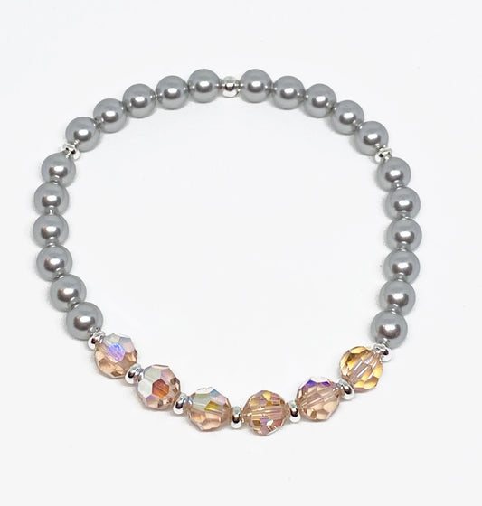 Swarovski Round Crystal Bracelet in Vintage Rose AB with Light Gray Swarovski Pearls