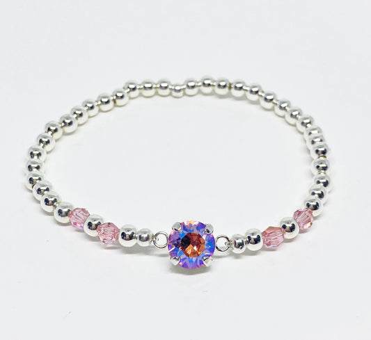Swarovski Crystal 8mm Chaton Crystal Bracelet Light Rose Shimmer and Silver