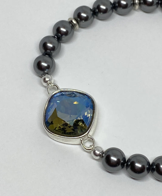 Swarovski Crystal 12mm Cushion Crystal in Black Diamond Moonlight with Dark Gray Swarovski Pearls