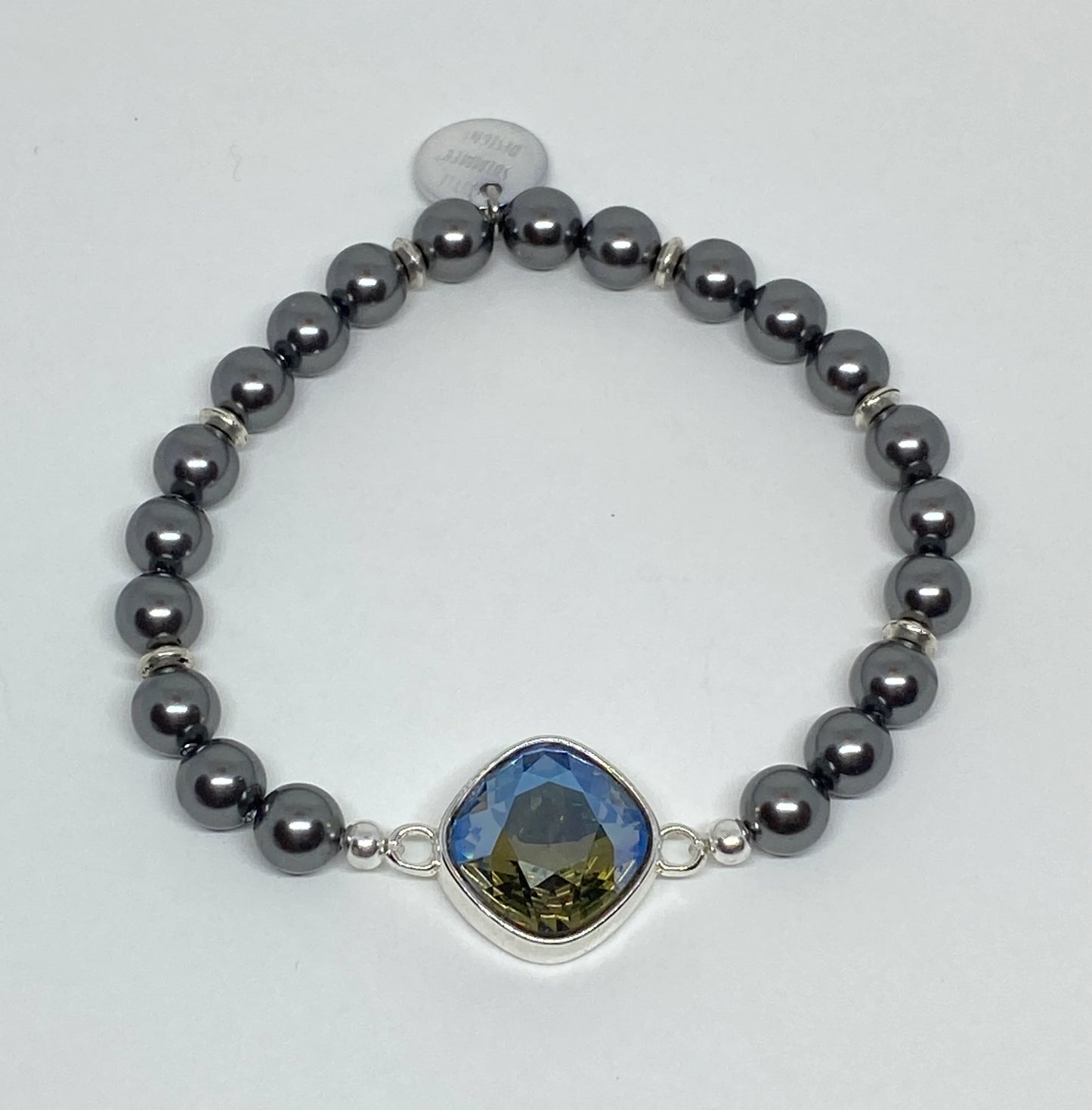 Swarovski Crystal 12mm Cushion Crystal in Black Diamond Moonlight with Dark Gray Swarovski Pearls