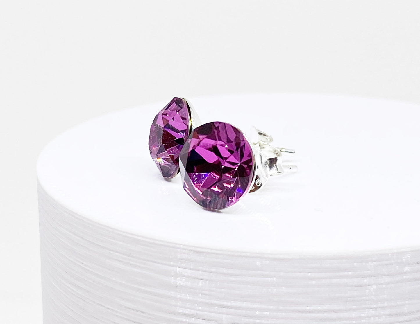 8mm Swarovski Crystal Stud Earrings in Dark Rose, set in Sterling Silver