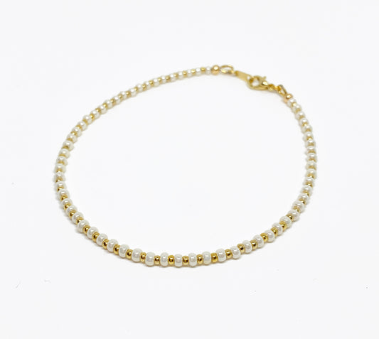 Mini Beaded Ankle Bracelet in Pearl with Gold Accents