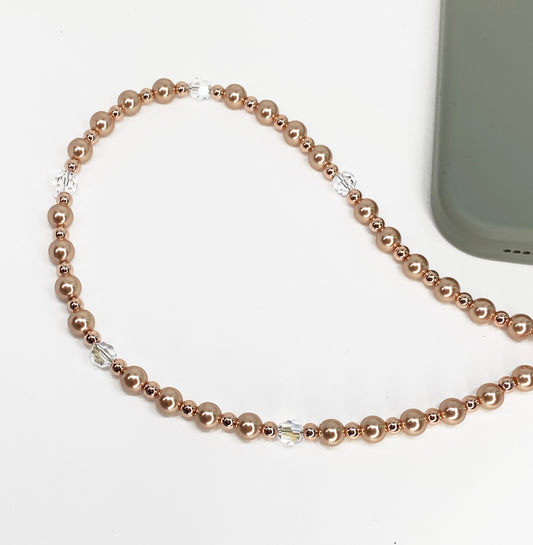 Swarovski Crystal and Pearl Phone Strap or Lanyard in Rose Gold