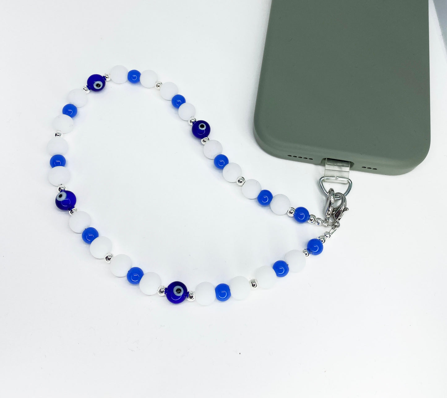 Evil Eye Glass Bead and Silver Phone Strap Lanyard
