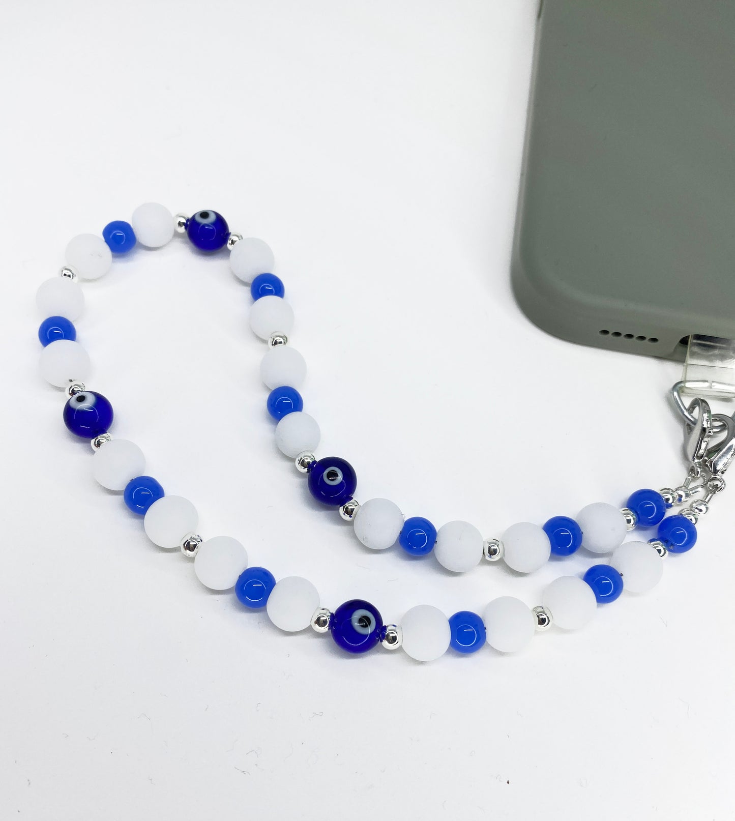 Evil Eye Glass Bead and Silver Phone Strap Lanyard