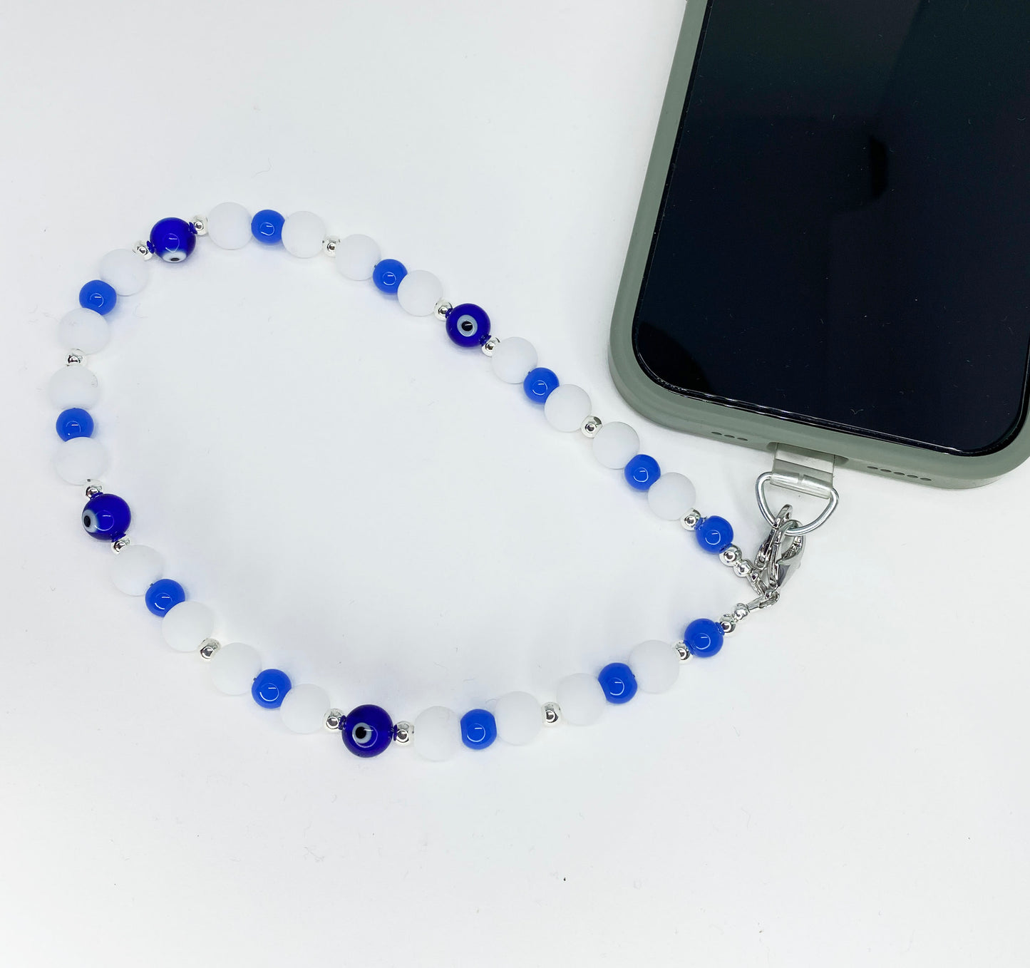 Evil Eye Glass Bead and Silver Phone Strap Lanyard