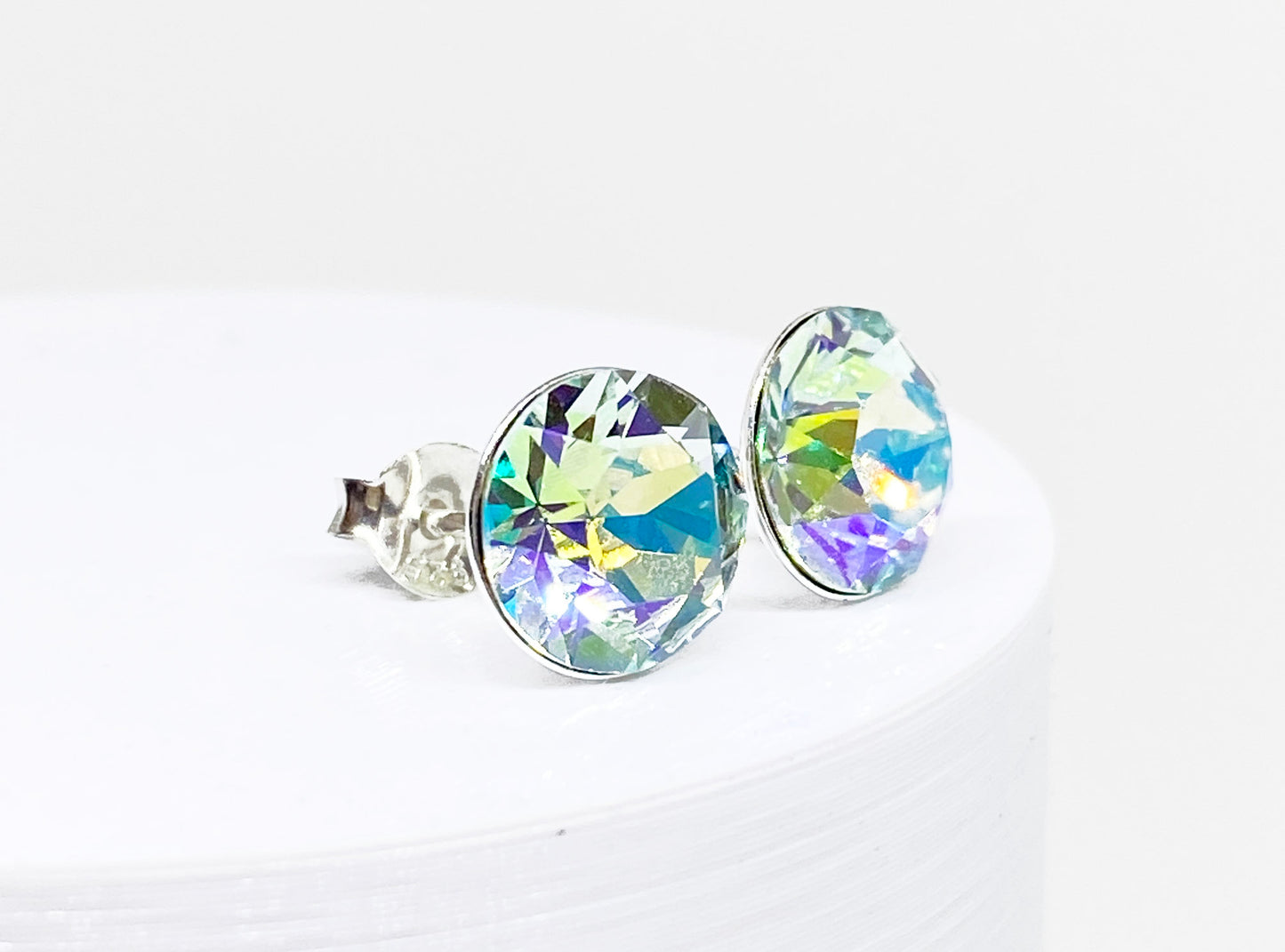 8mm Swarovski Crystal Stud Earrings in Light Azore Glacier Blue, set in Sterling Silver
