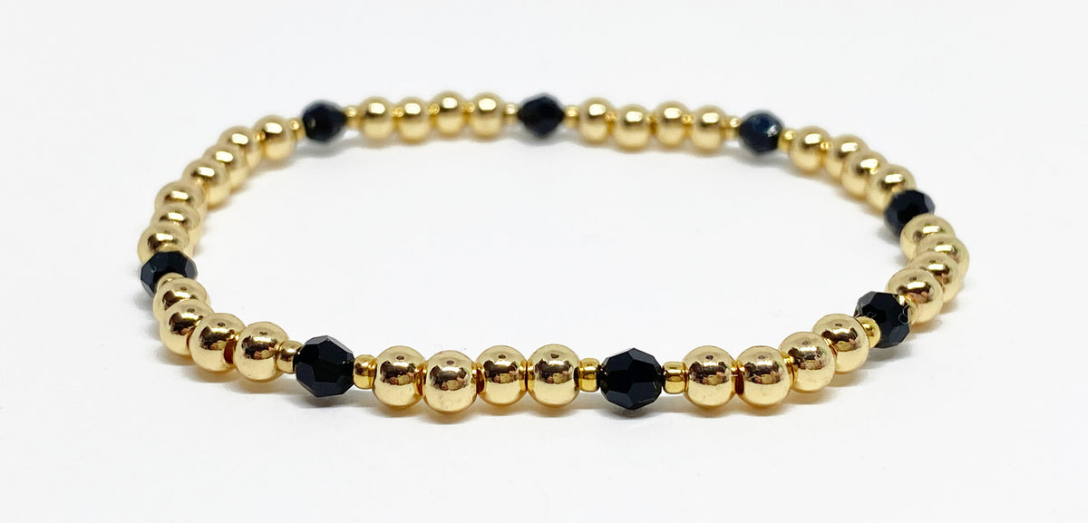 4mm Gold Beaded and Swarovski Round Crystal Bracelet in Black and Gold
