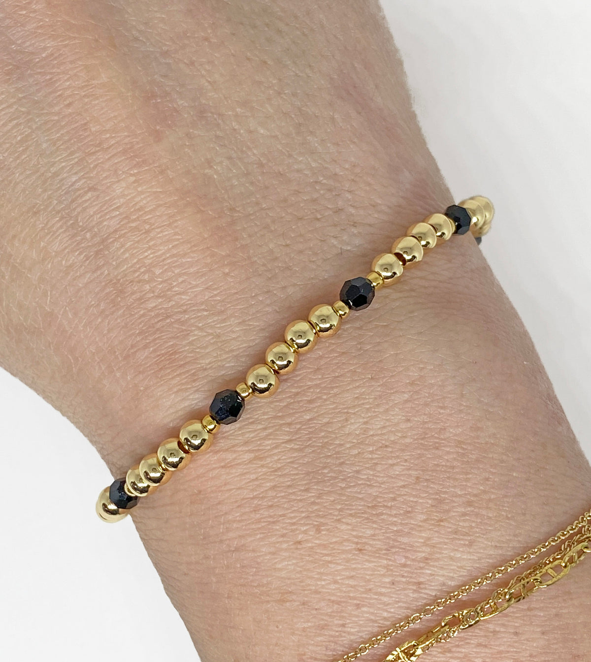 4mm Gold Beaded and Swarovski Round Crystal Bracelet in Black and Gold