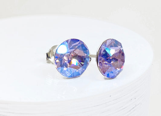 8mm Swarovski Crystal Stud Earrings in Violet Moonlight, set in Sterling Silver