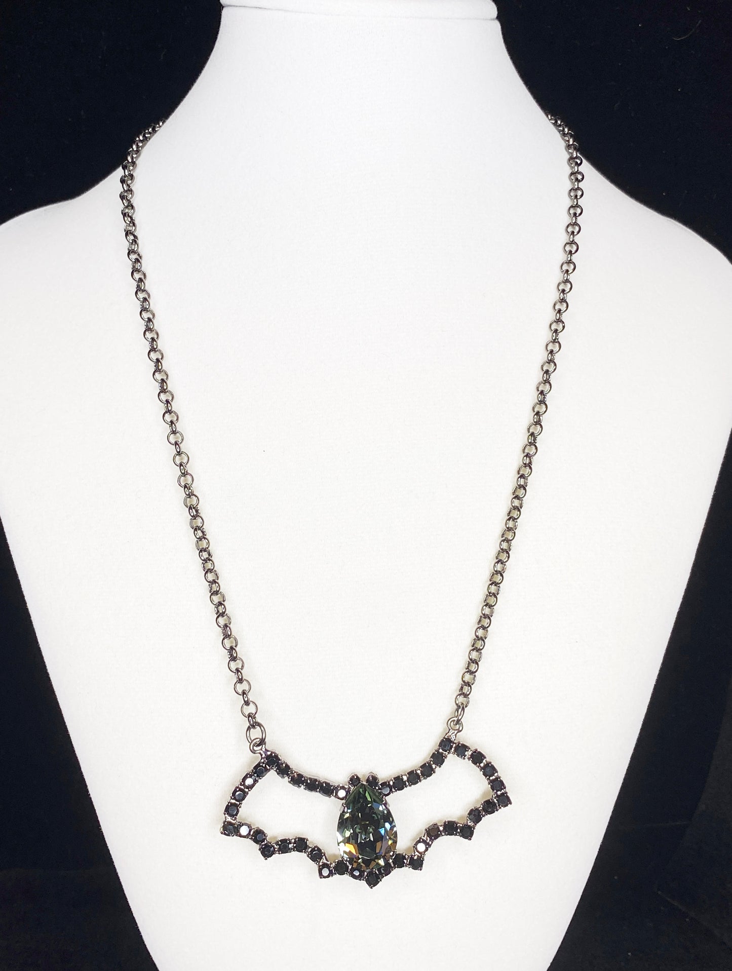 Halloween Swarovski Crystal Bat Pendant Necklace, Black and Gunmetal
