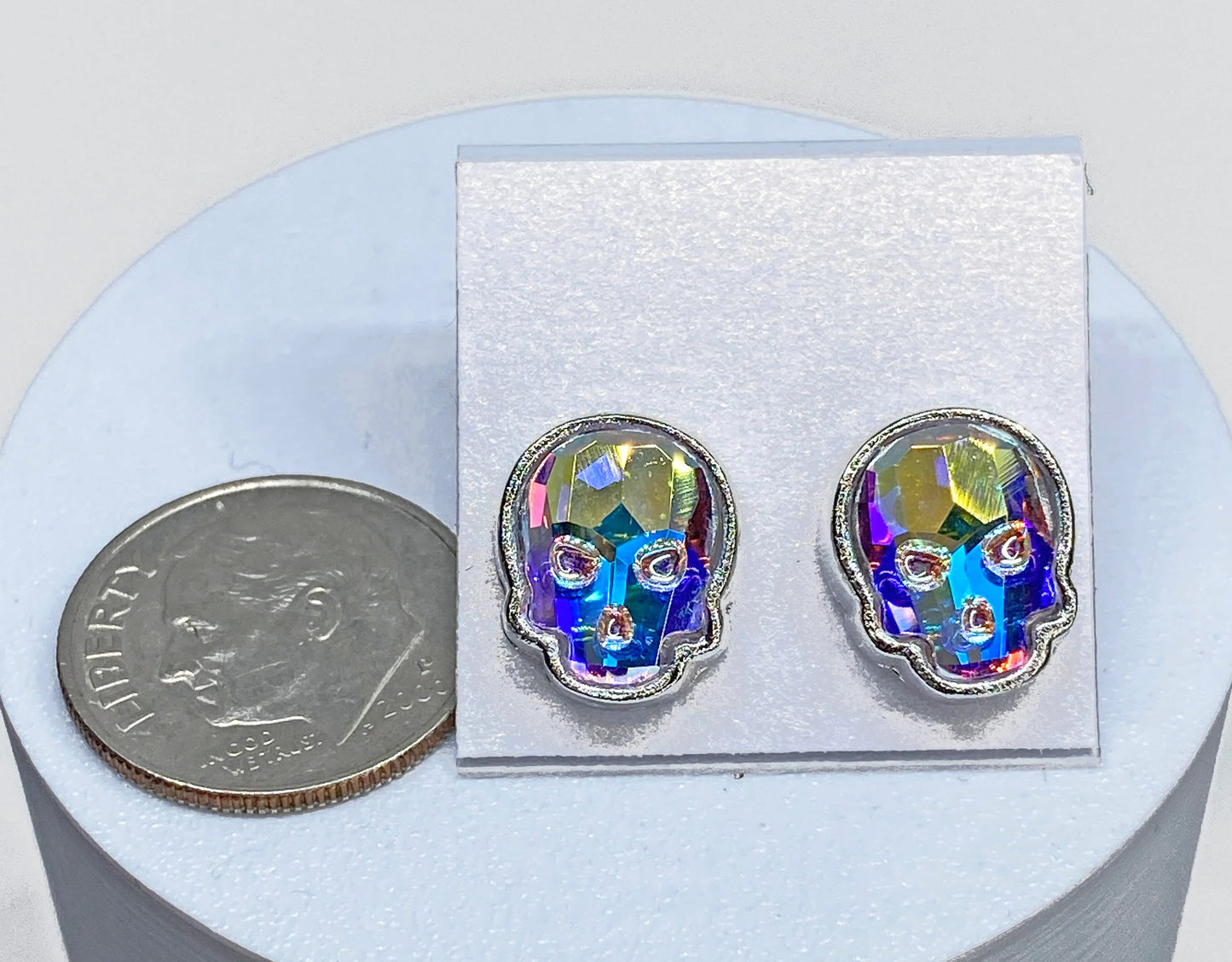 12x10mm Swarovski Crystal Skull Stud Earrings in Silver and Crystal AB