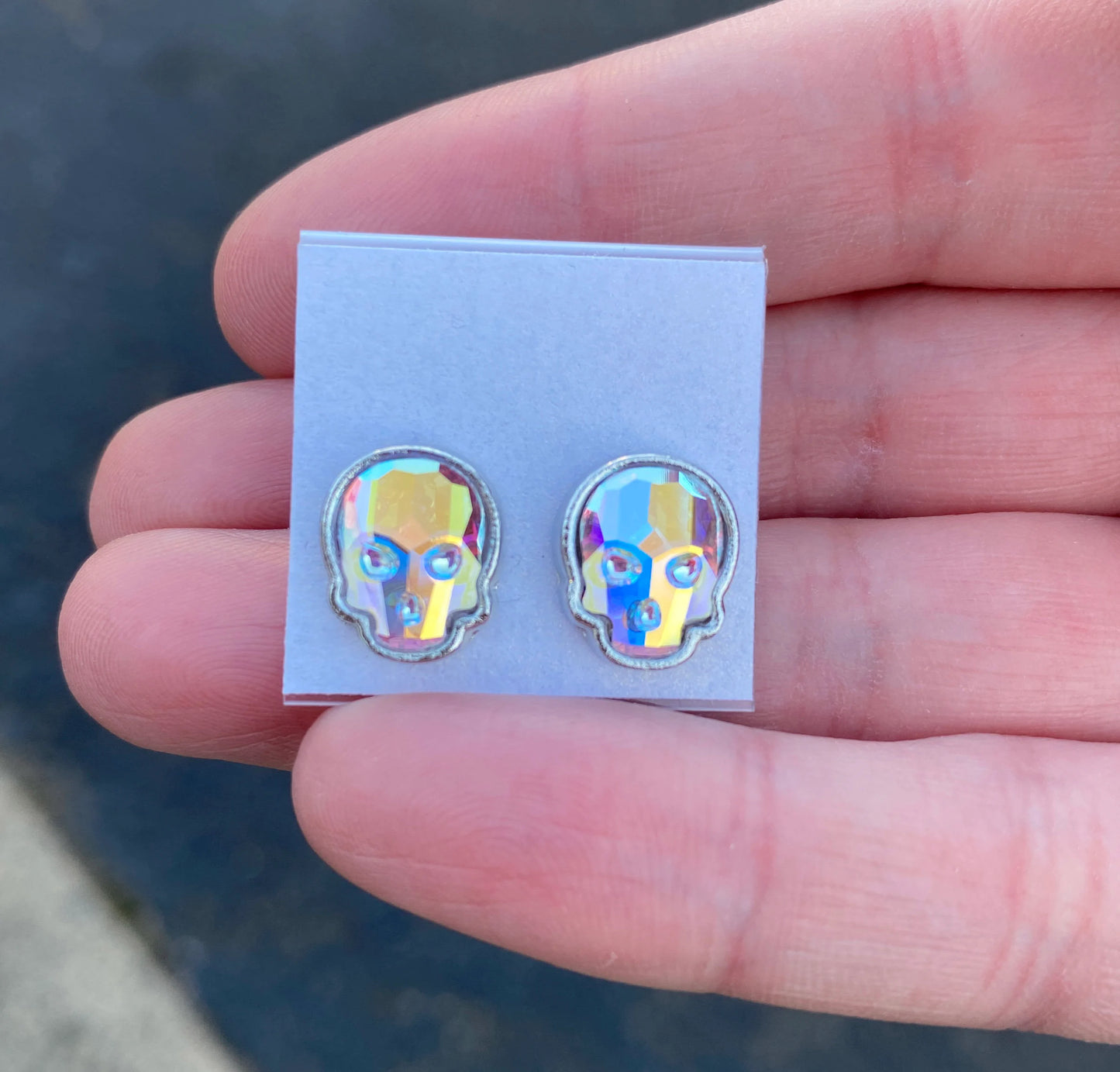 12x10mm Swarovski Crystal Skull Stud Earrings in Silver and Crystal AB
