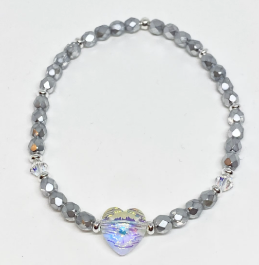Swarovski Crystal Heart Bead Bracelet in Aurora Borealis and Metallic Silver