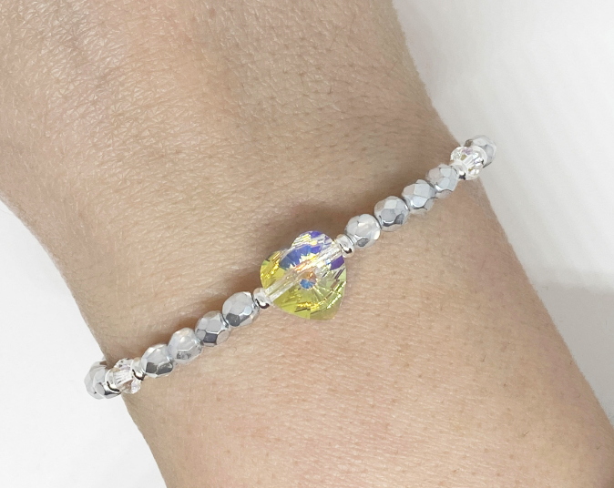 Swarovski Crystal Heart Bead Bracelet in Aurora Borealis and Metallic Silver
