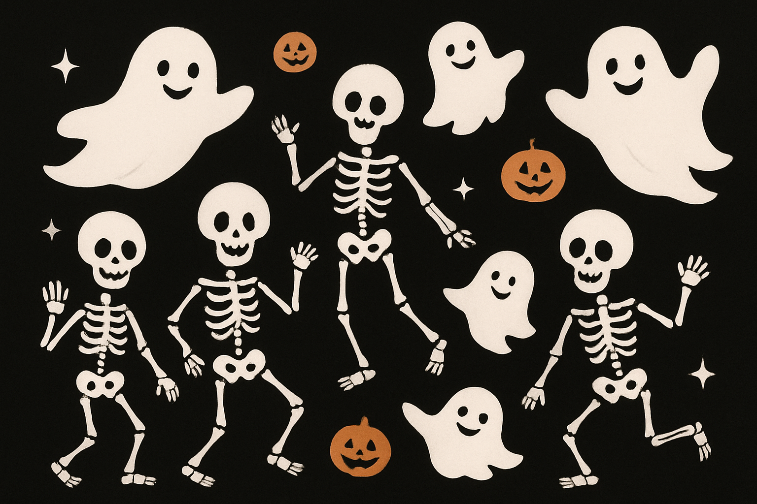 black background with playful ghosts and skeletons in white