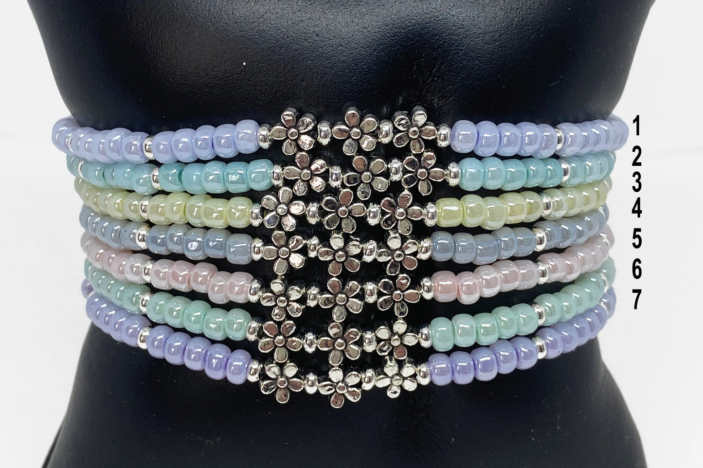 Mini Silver Daisy Glass Beaded Bracelet in Pastel Colors