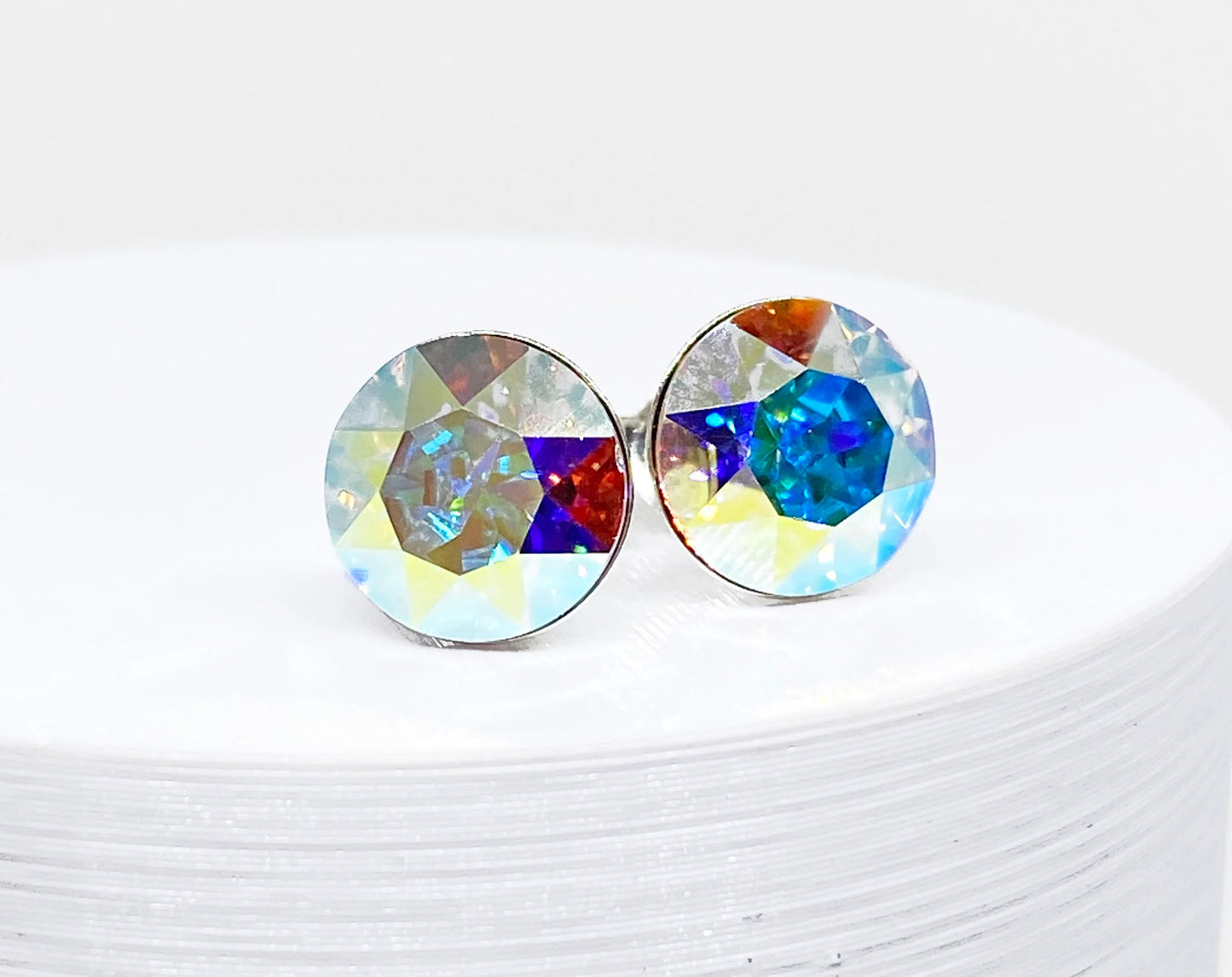 8mm Swarovski Crystal Stud Earrings in Crystal Aurora Borealis, set in Sterling Silver