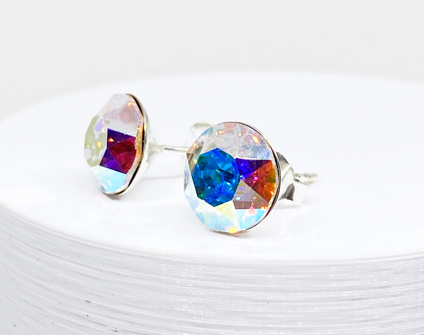 8mm Swarovski Crystal Stud Earrings in Crystal Aurora Borealis, set in Sterling Silver