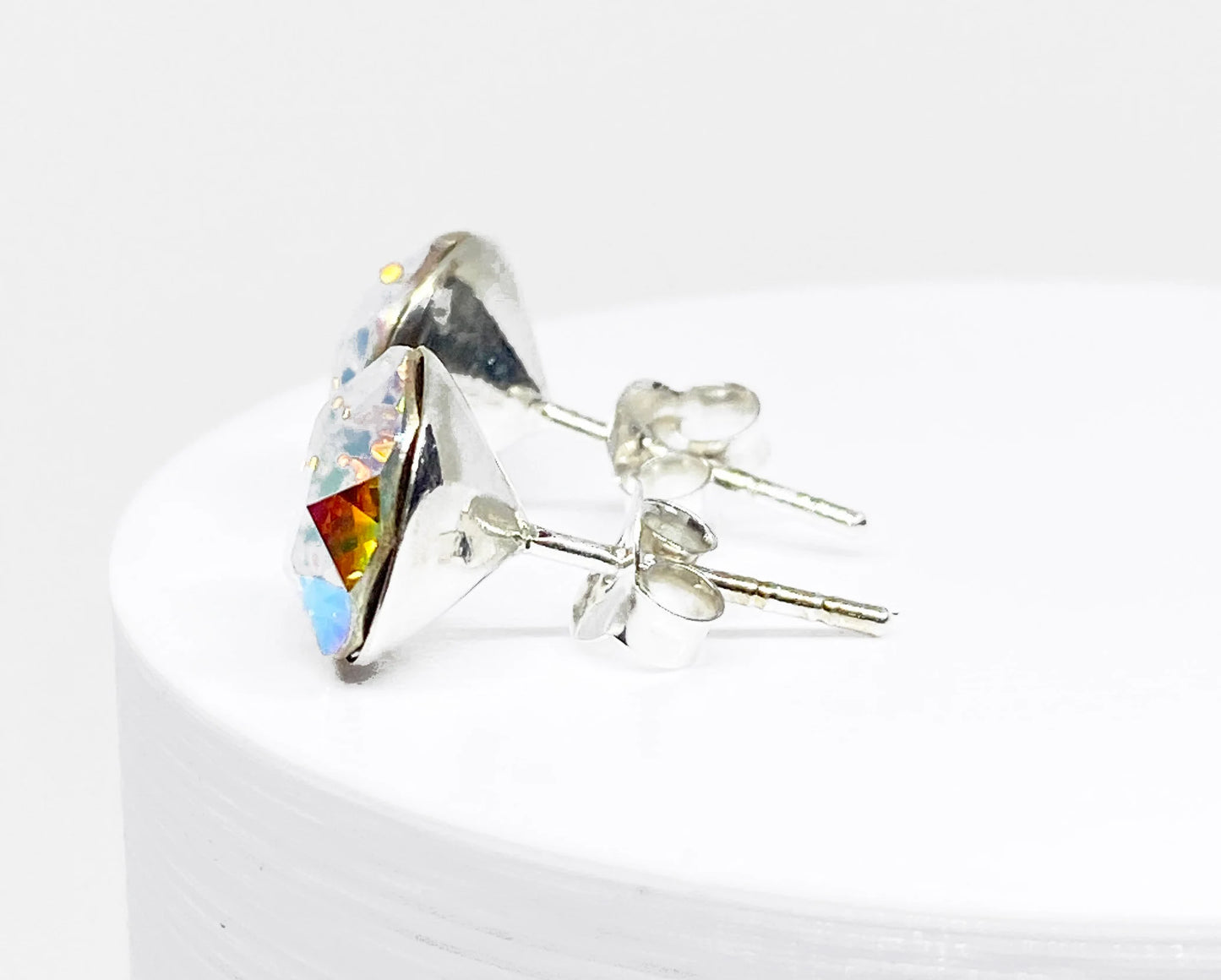 8mm Swarovski Crystal Stud Earrings in Crystal Aurora Borealis, set in Sterling Silver
