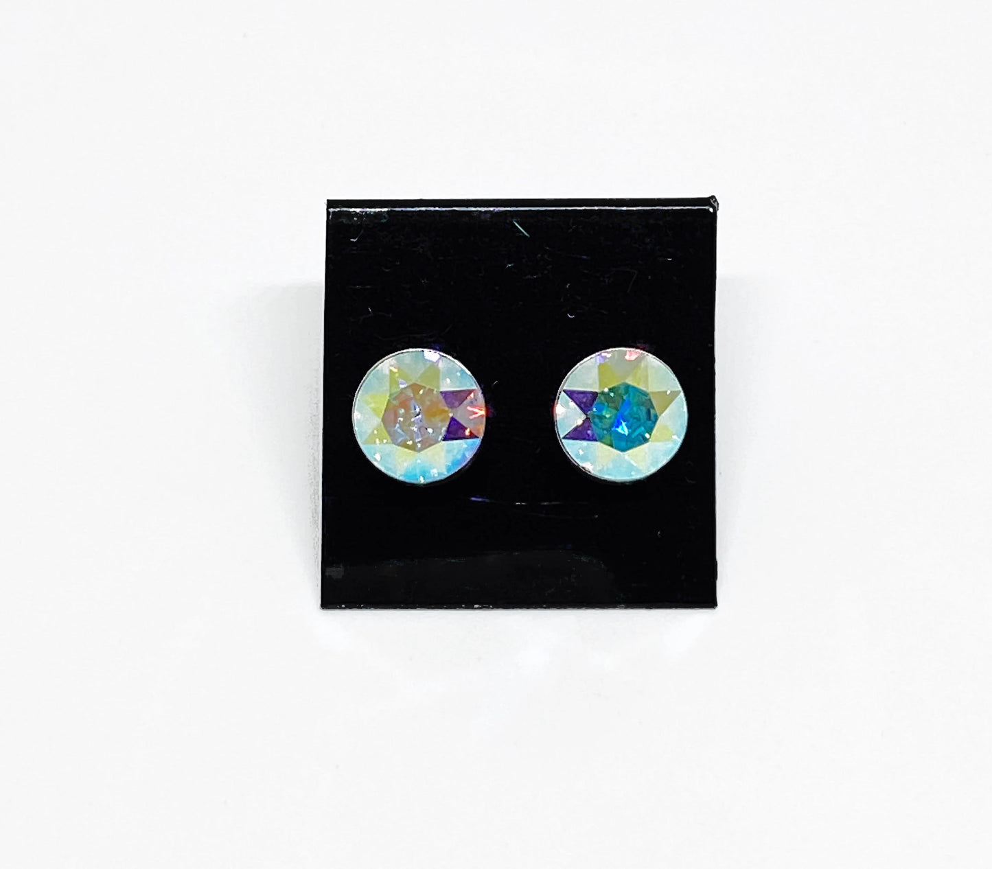 8mm Swarovski Crystal Stud Earrings in Crystal Aurora Borealis, set in Sterling Silver