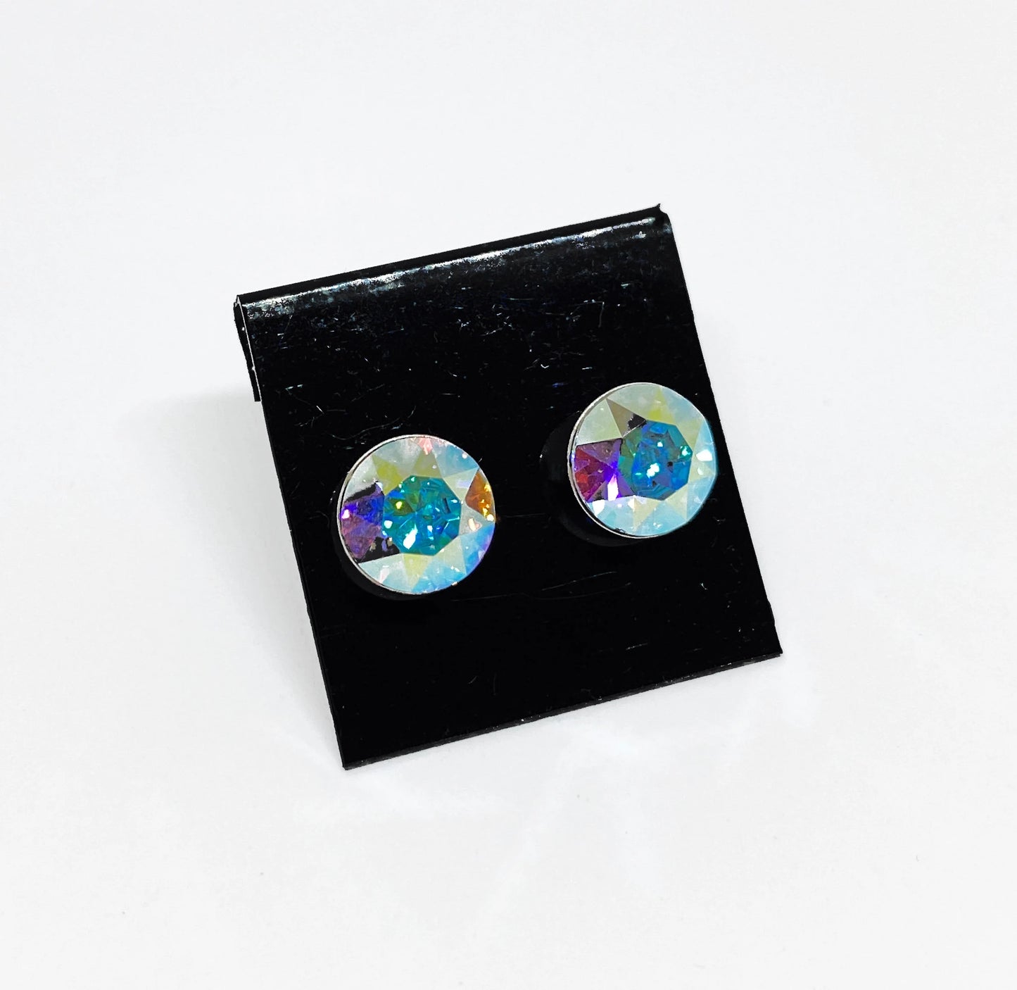 8mm Swarovski Crystal Stud Earrings in Crystal Aurora Borealis, set in Sterling Silver