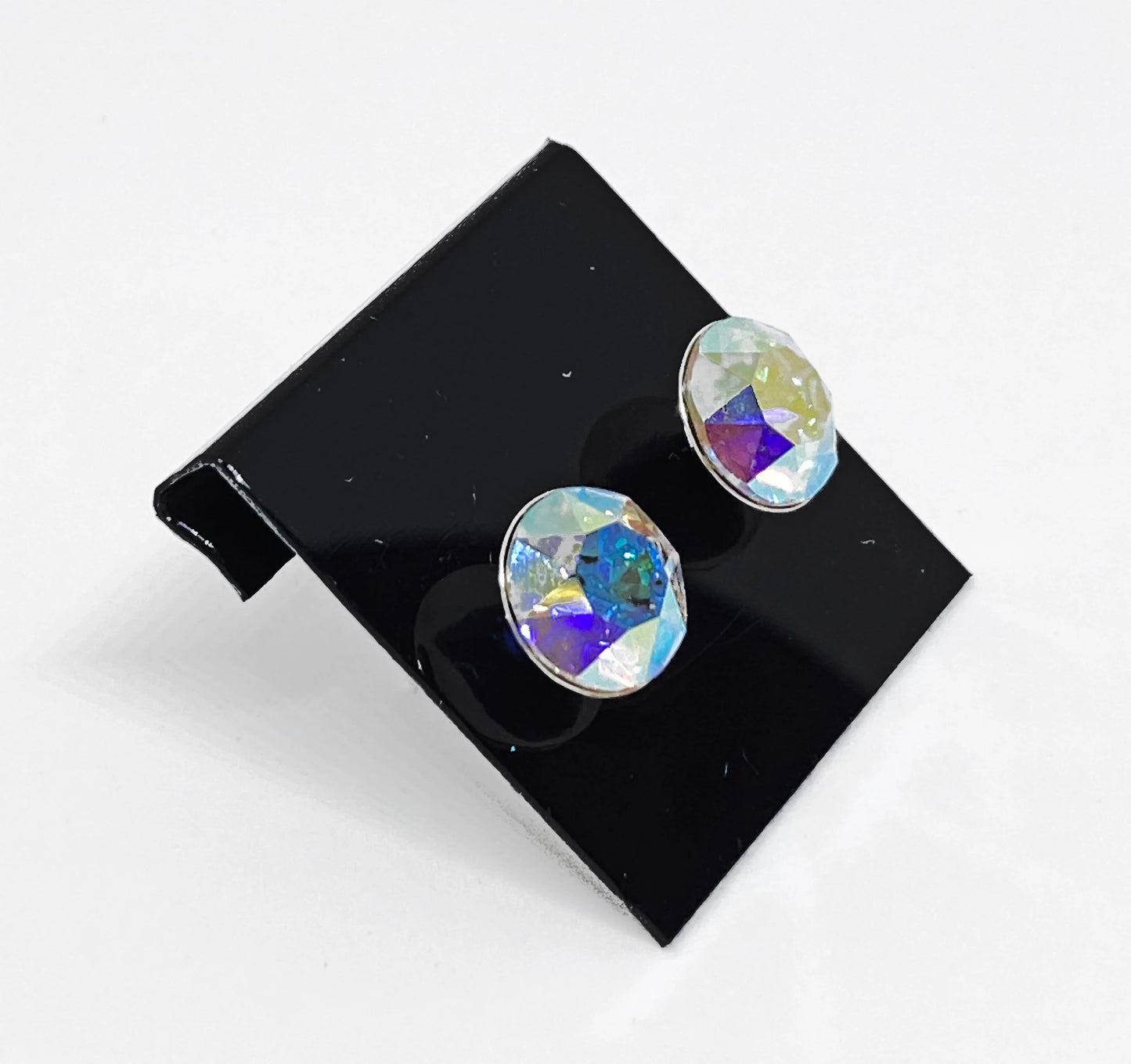 8mm Swarovski Crystal Stud Earrings in Crystal Aurora Borealis, set in Sterling Silver