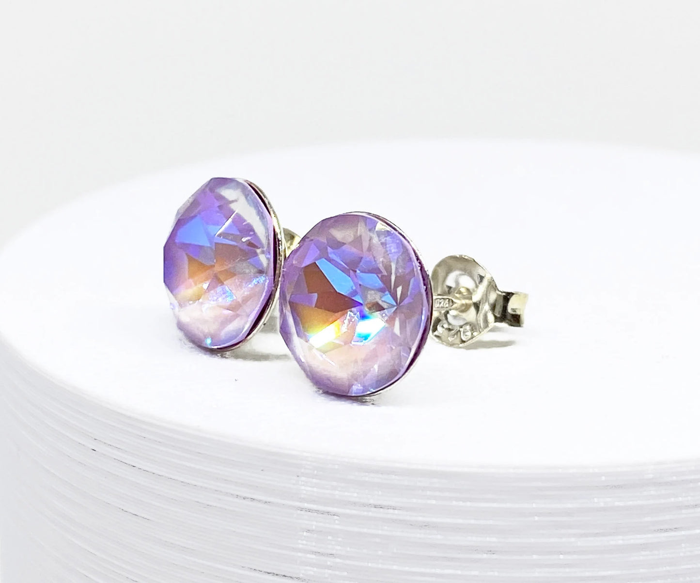 8mm Swarovski Crystal Stud Earrings in Lavender Delight, Pale Purple, set in Sterling Silver