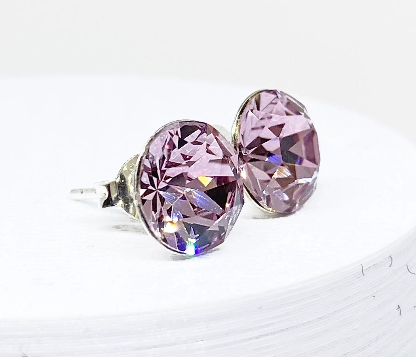 8mm Swarovski Crystal Stud Earrings in Light Amethyst, set in Sterling Silver