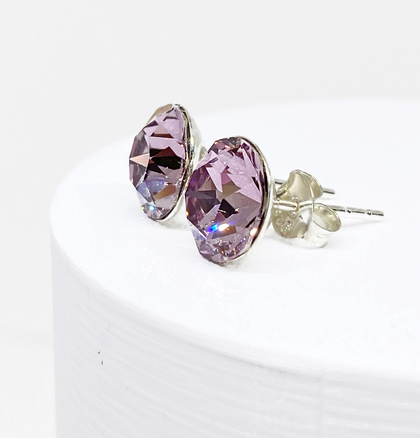 8mm Swarovski Crystal Stud Earrings in Light Amethyst, set in Sterling Silver