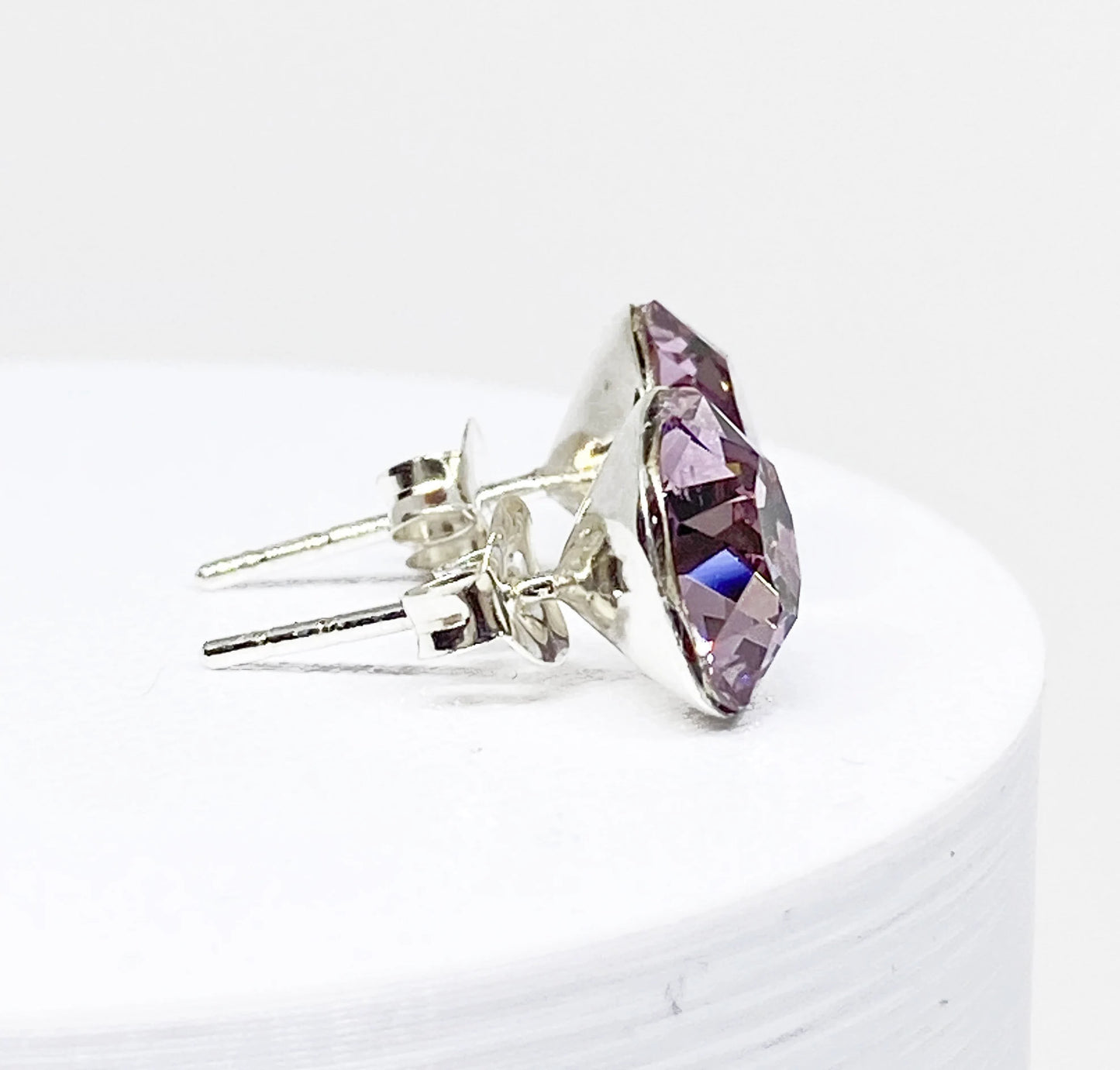 8mm Swarovski Crystal Stud Earrings in Light Amethyst, set in Sterling Silver