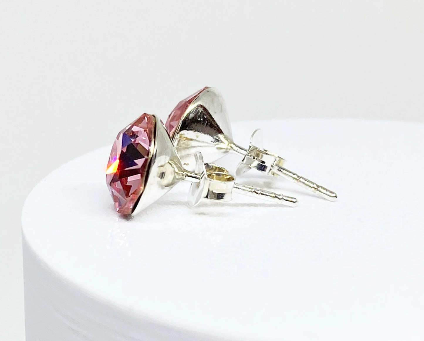 8mm Swarovski Crystal Stud Earrings in Light Rose, set in Sterling Silver