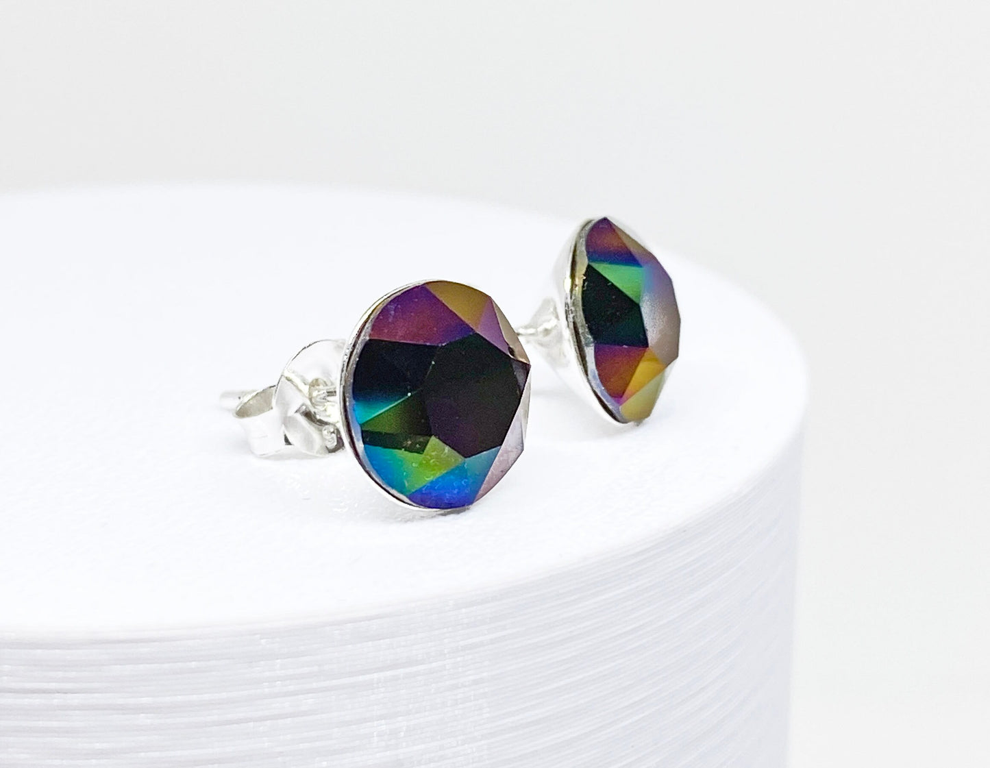 8mm Swarovski Crystal Stud Earrings in Crystal Rainbow Dark, set in Sterling Silver