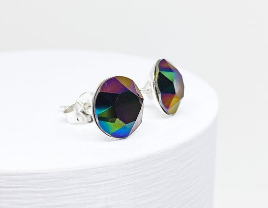 8mm Swarovski Crystal Stud Earrings in Crystal Rainbow Dark, set in Sterling Silver