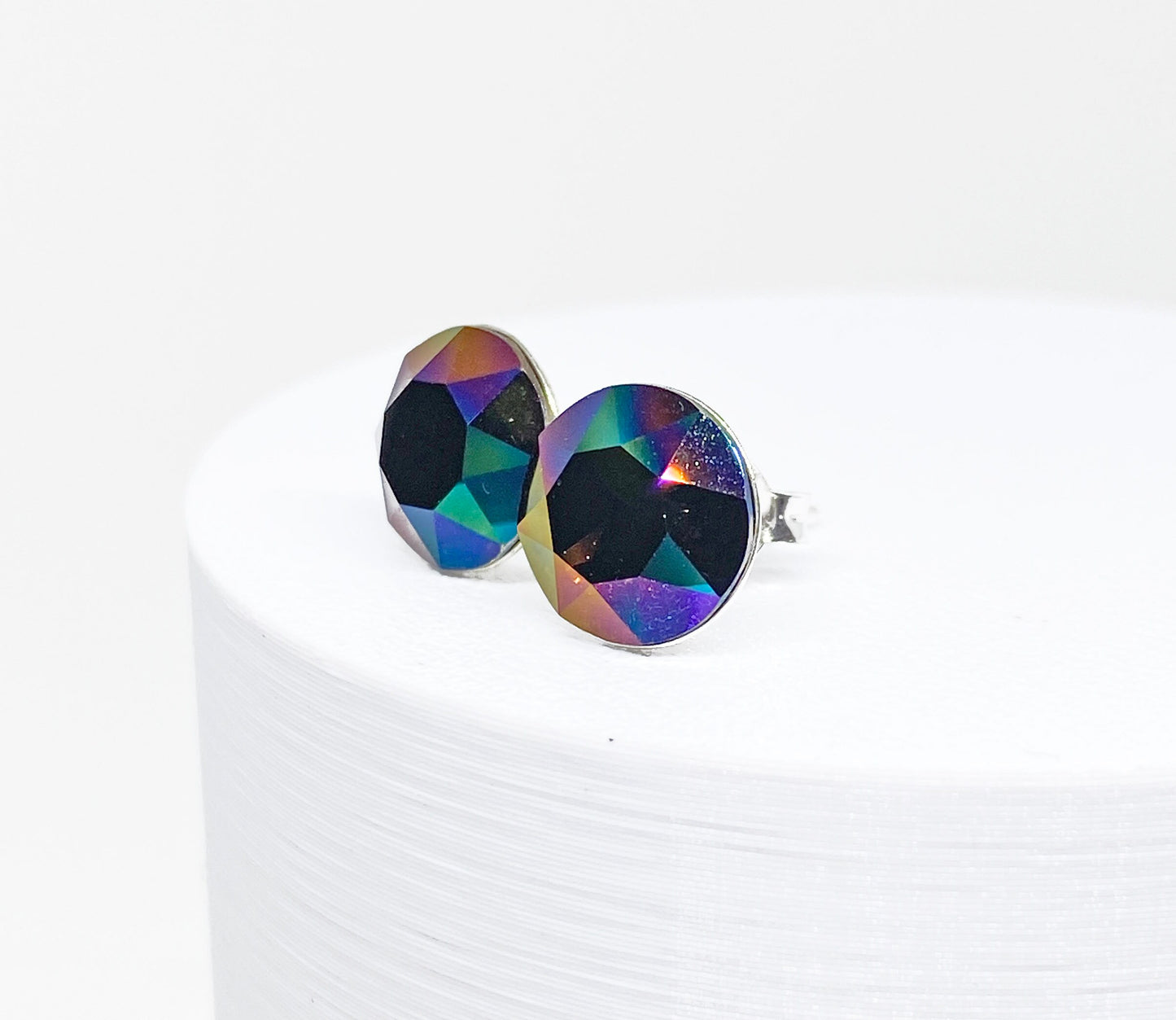 8mm Swarovski Crystal Stud Earrings in Crystal Rainbow Dark, set in Sterling Silver