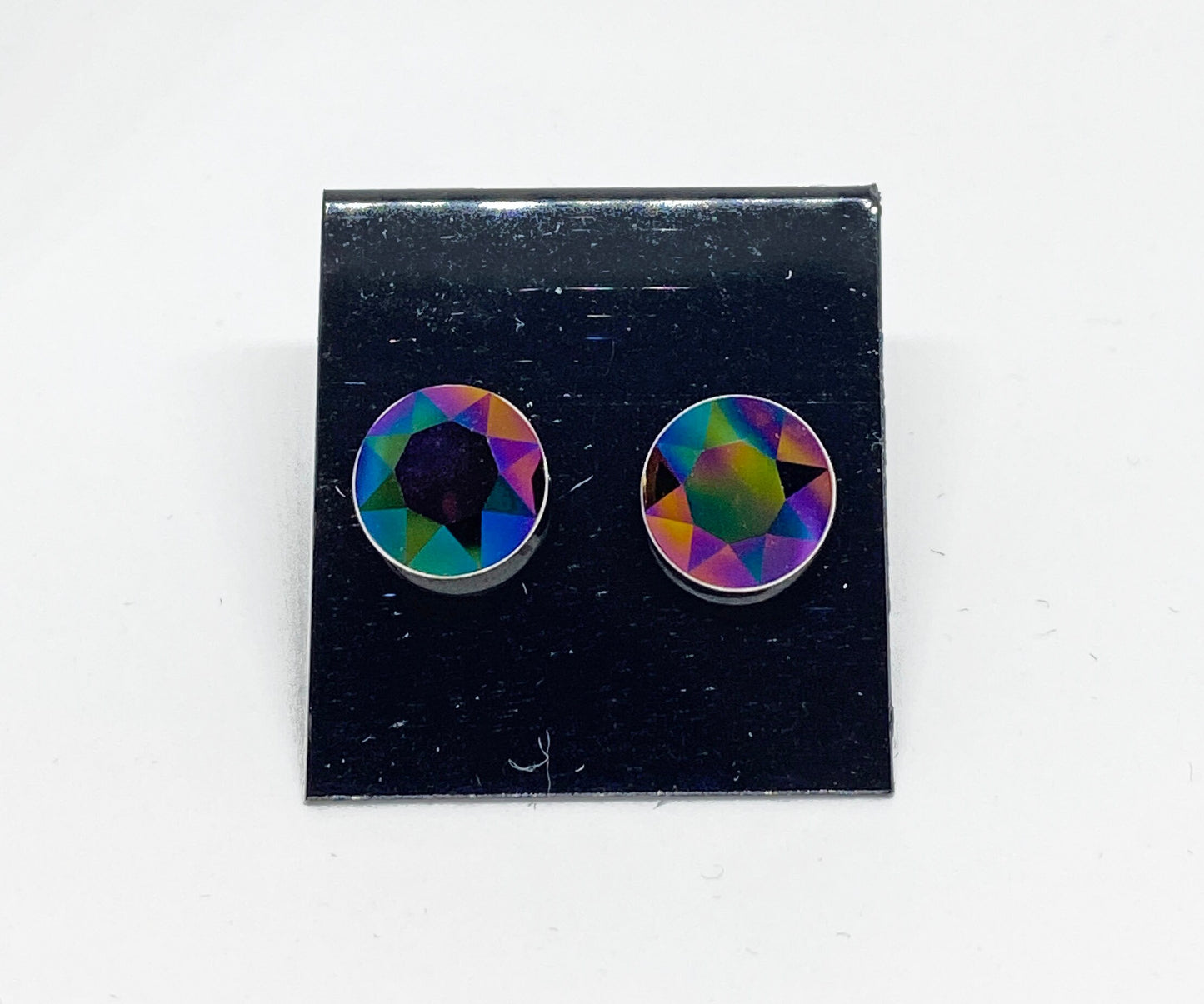 8mm Swarovski Crystal Stud Earrings in Crystal Rainbow Dark, set in Sterling Silver