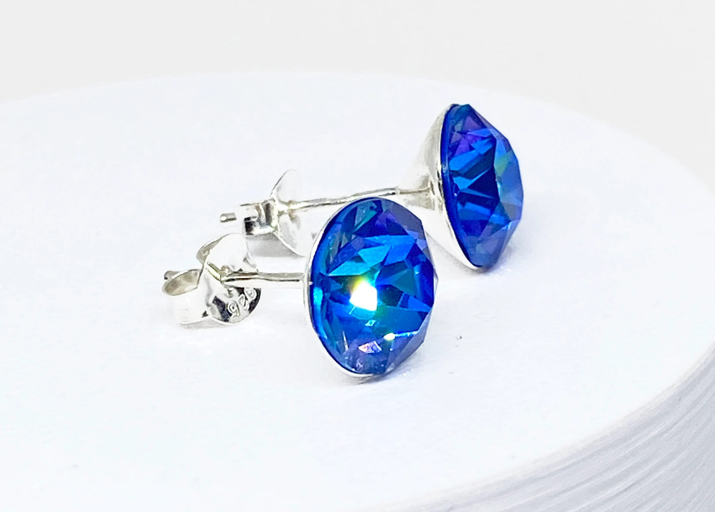 8mm Swarovski Crystal Stud Earrings in Royal Blue Delite, set in Sterling Silver