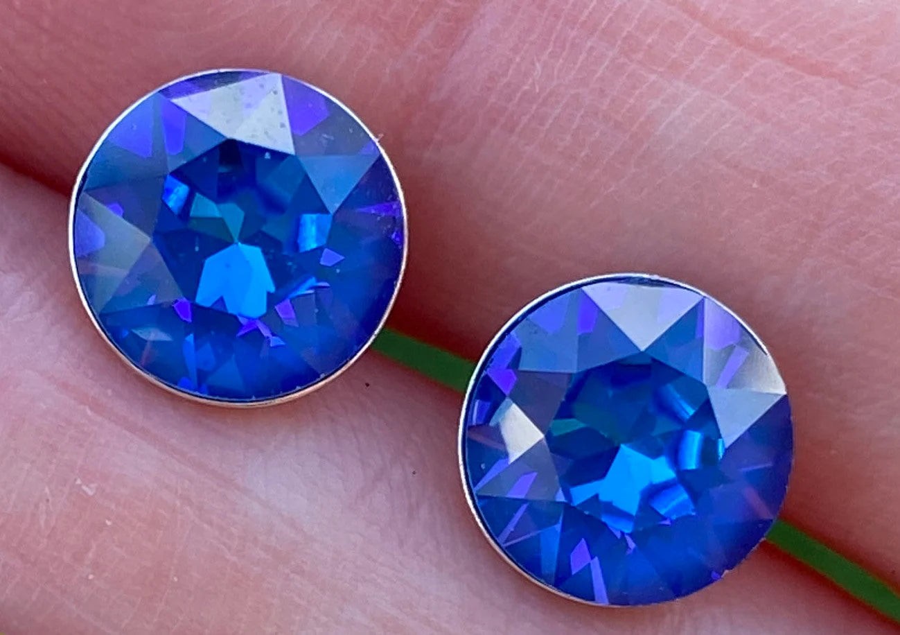 8mm Swarovski Crystal Stud Earrings in Royal Blue Delite, set in Sterling Silver