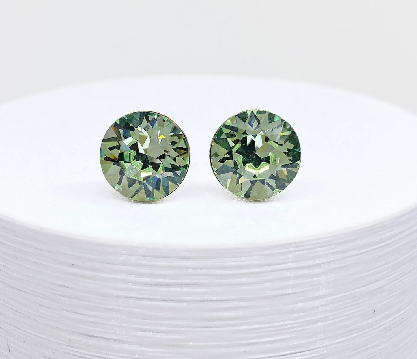 Swarovski Crystal 8mm Crystal Stud Earrings in Erinite Green, set in Sterling Silver