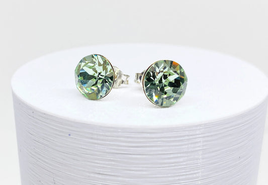 Swarovski Crystal 8mm Crystal Stud Earrings in Erinite Green, set in Sterling Silver